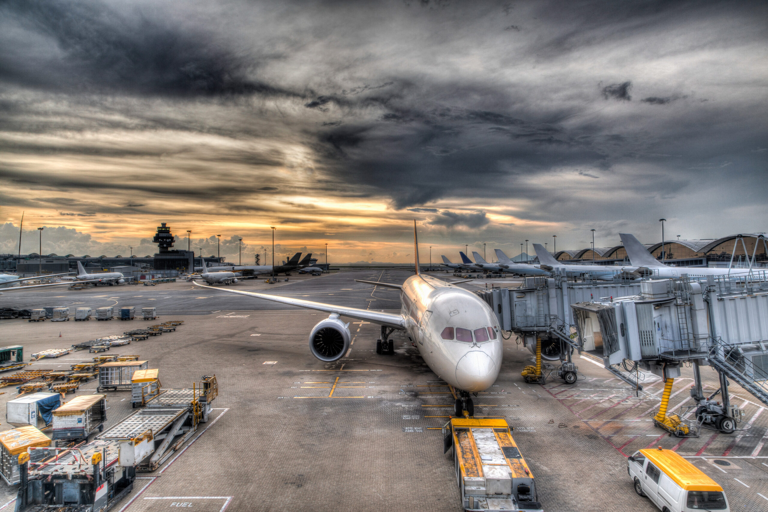 HDR rendering of a golden sunset over Hong Kong International Airport on the island of Chek Lap Kok.